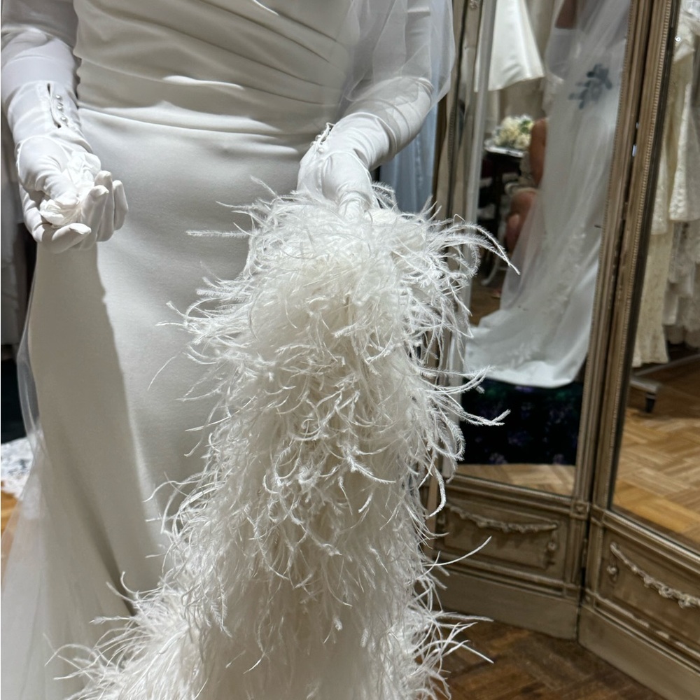 Yvonne Le Fleur Elegant White Wedding Dress with Ostrich Feather Detail - Picture 12 of 13